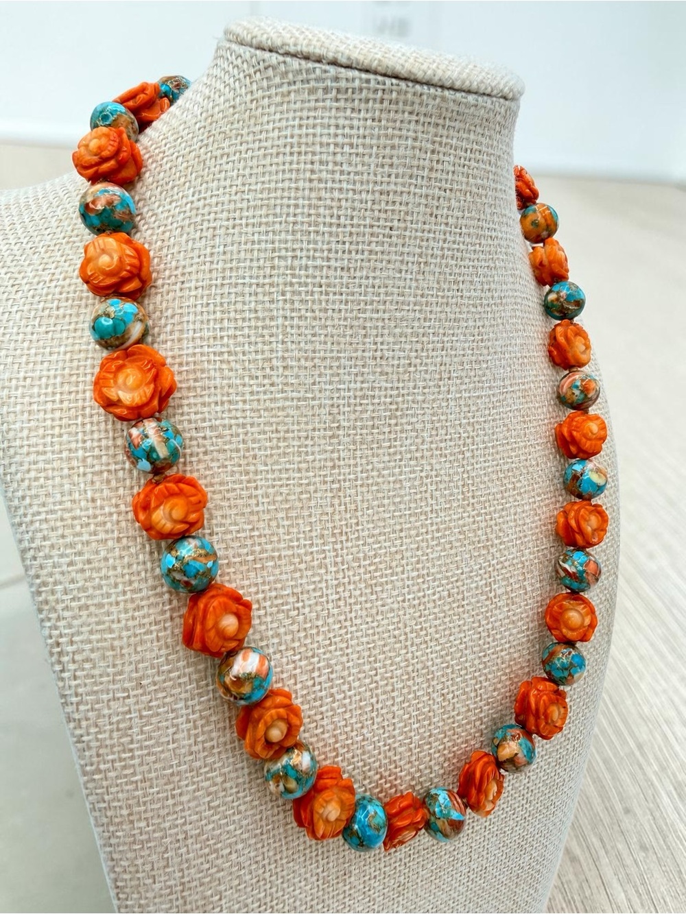 Artisan Spiny Oyster Mohave Copper Turquoise Coral Roses Sterling Necklace 18” - Picture 7 of 17